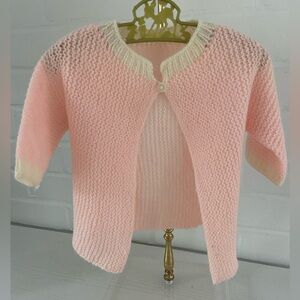 Baby Girl Classic Vintage Light Pink Knit Spring Easter Cardigan/Cream Trim 3-6M